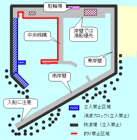 平塚新港地図画像。駐輪場は北側真中。西側防潮堤はすべて立入禁止区域。フィッシャリーナ事務所から中央桟橋西側は釣り禁止区域。漁港内は岸壁では漁船優先。漁港入口付近では入船に注意。消波ブロック部は立入禁止。