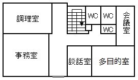 1階には調理室、事務室、談話室、和室、会議室、トイレがあります。