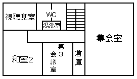 2階には視聴覚室、和室、会議室、集会室、倉庫、給湯室、トイレがあります。