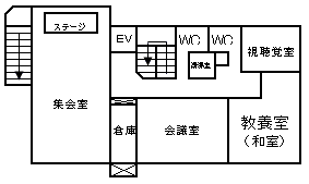 2階には、集会室、会議室、和室、視聴覚室、トイレ、エレベーターがあります。