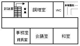 1階には談話室、事務室、会議室、和室、調理室、トイレがあります。