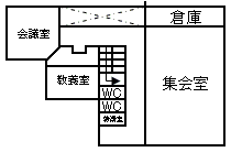 2階には会議室、教養室、集会室、倉庫、トイレがあります。