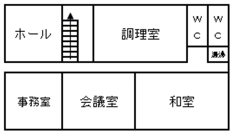 1階には調理室、ホール、事務室、会議室、和室、トイレがあります。