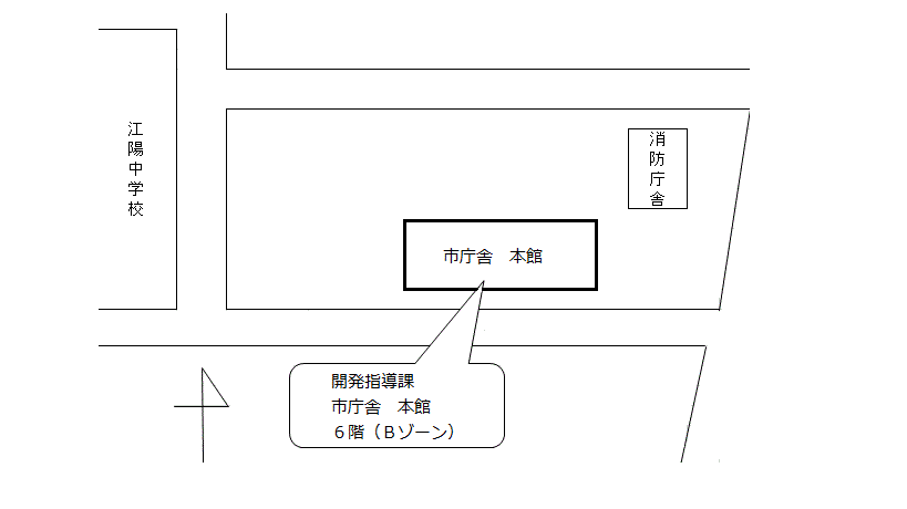 平塚市役所の案内図です。江陽中学校の東側に市庁舎本館があります。南側の入口からお入りください。