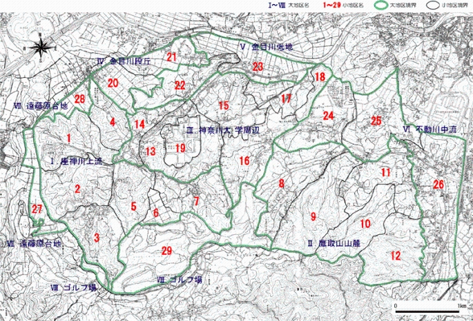 調査地域を8つの大地区と29の小地区に区分し、評価を行いました。