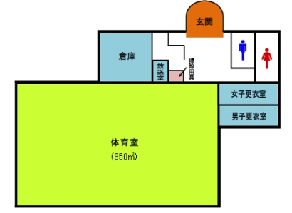 多目的ホールは体育室のほか、男子更衣室、女子更衣室、放送室があります。　 