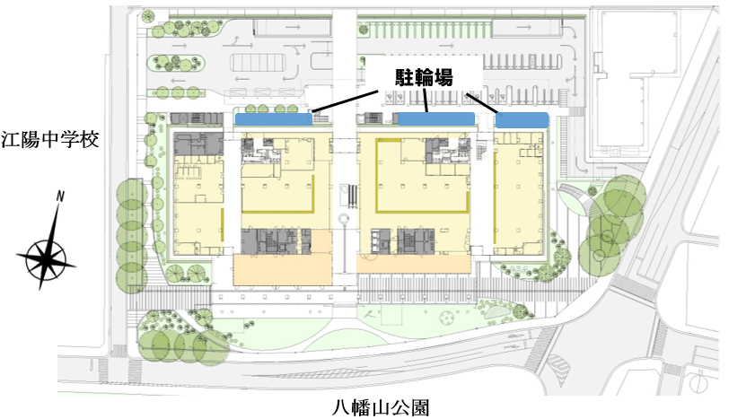 駐輪場の図(北側に3か所あります。)