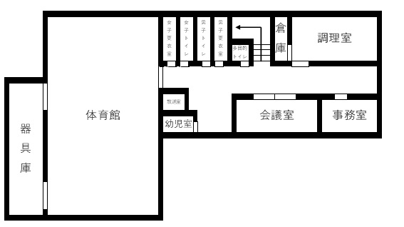 1階には会議室、調理室、体育館、幼児室、事務室、多目的トイレ、トイレがあります。